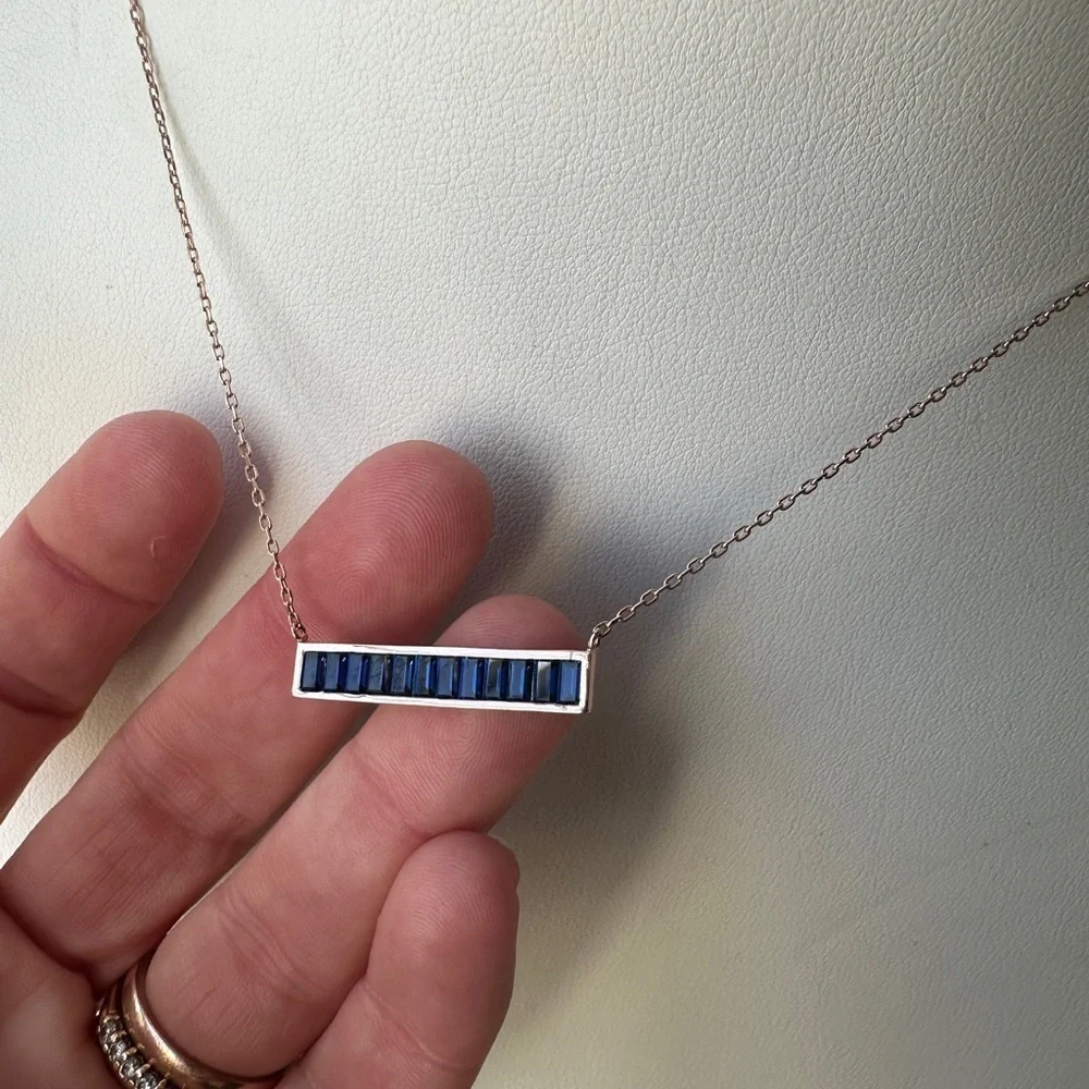 Elegant rose gold late over silver Blue stone Bar Necklace
